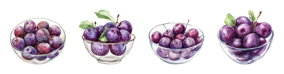 Watercolor set of plums in a glass transparent bowl png. Purple juicy plums with green leaves stacked in a glass transparent plate. Summer juicy fruits. Fruits and berries concept. 