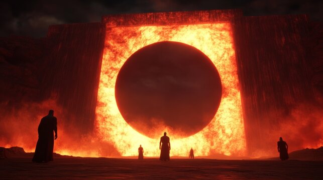 Silhouetted figures stand before a fiery, circular portal, creating a dramatic and mysterious scene.