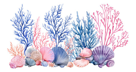 Watercolor set of sea algae and shells. Seaweed in purple-blue and pink colors along with sea shells. Concept of underwater marine plants and decorations. 