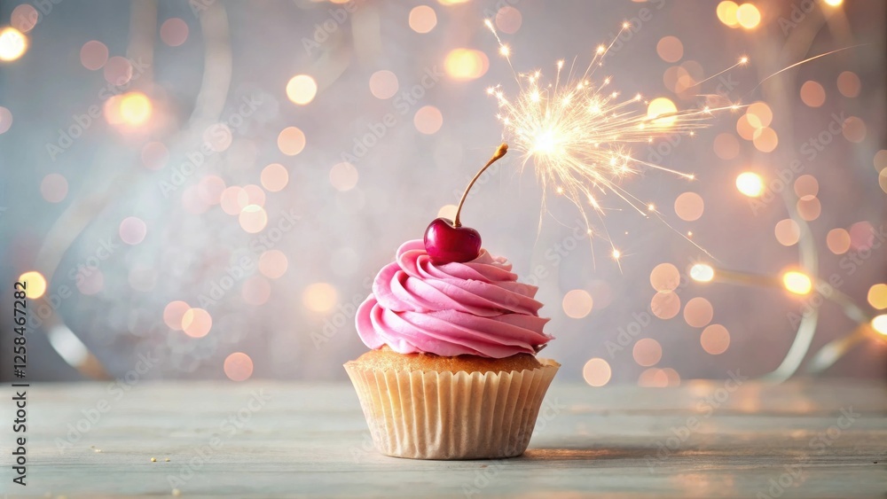Poster festive pink cupcake with a sparkler and cherry on a wooden table against a bokeh background