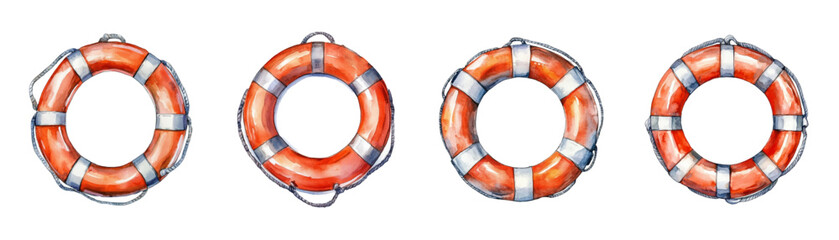 Set of watercolor lifebuoys png. Vintage lifebuoys for water with ropes. Concept of rescue, safety, swimming etc. Vector illustration. © Narin