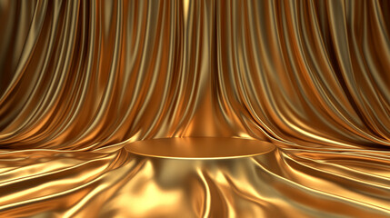 Round podium under golden satin fabric curtain cover. Realistic vector illustration set of gift or surprise that can be reveal and unveil. Product stand hidden in gold silk waved cloth blanket.