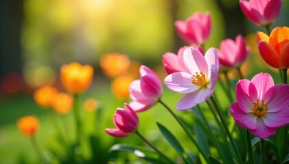 Obraz premium Spring flowers blooming in a garden , growth, spring, greenery