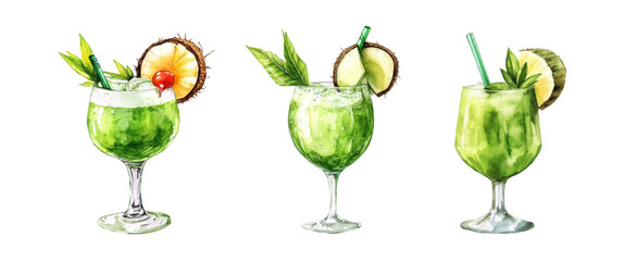 Set of tropical cocktails in watercolor glasses. Green cocktails with pineapple, coconut and apple decorated with greenery and straw. Tropical summer drinks in glasses. Vector illustration.