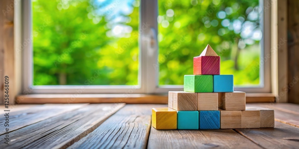 Aufkleber colorful wooden blocks forming a pyramid on a wooden surface near a window with a green view