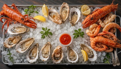 An overhead shot of a luxurious seafood platter on ice, featuring oysters, lobsters, and prawns, with lemon wedges and cocktail sauce.