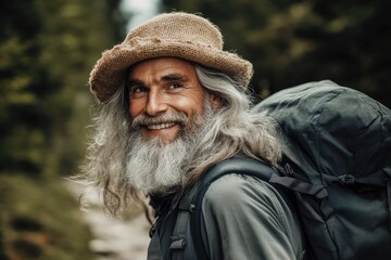 A long-haired, bearded Asian man wearing hiking stands in the wilderness of Alaska with mountains and forests behind him.