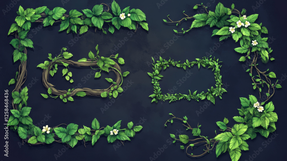 Poster jungle liana creeping vines with leaves and flowers formed in rectangle and circle frames for game u