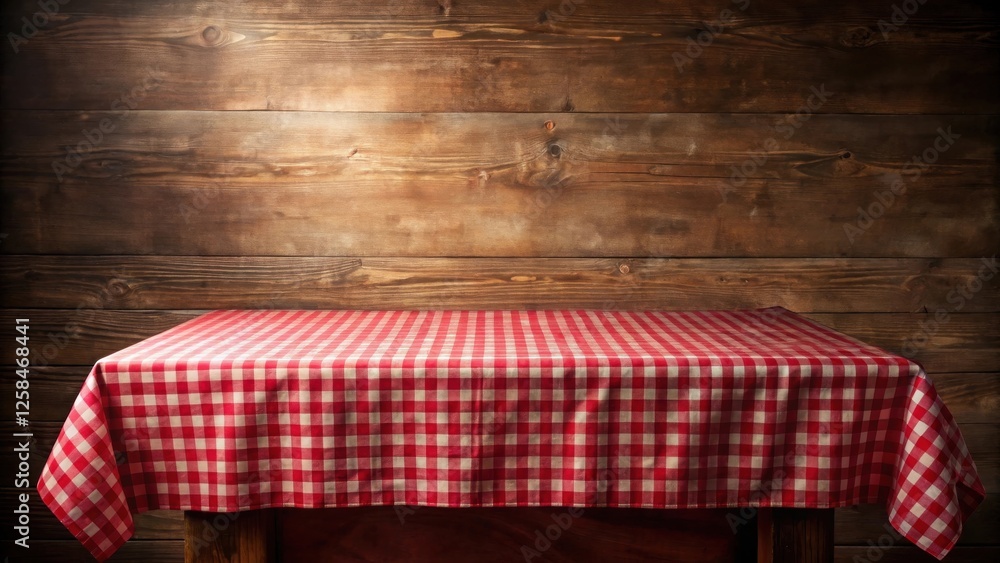 Poster Rustic Wooden Table with a Red and White Checkered Tablecloth, Perfect for Product Placement or Displaying Food Items