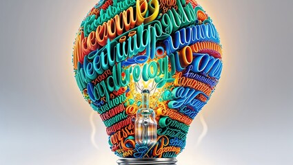 A colorful light bulb filled with various words and phrases representing creativity and innovative ideas. The design is vibrant and visually engaging, capturing the essence of imaginative thinking