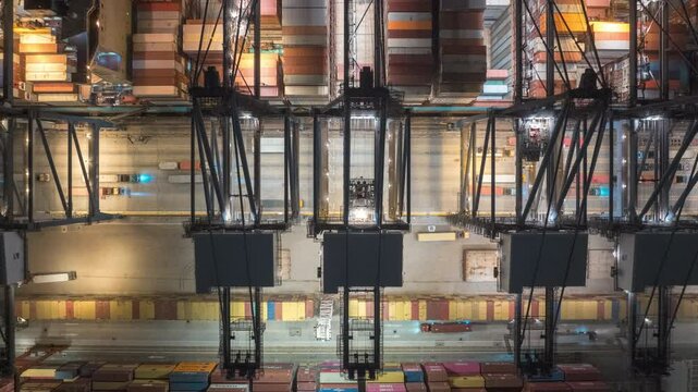 Aerial hyperlapse timelapse of cargo ship loading and unloading with crane at night. Industrial shipyard, containers, car traffic, freight transportation, International business logistics industry. 