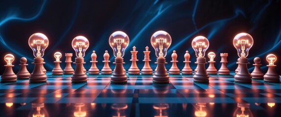 Fototapeta na wymiar A chessboard featuring wooden pieces stands under bright light bulbs that glow warmly. This setup signifies the relationship between creativity and strategic thinking during a late evening