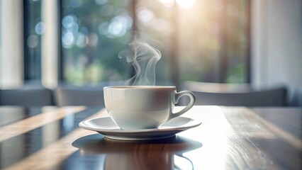 Fototapeta premium A steaming cup of hot beverage rests on a saucer on a wooden table, sunlight streams through a nearby window.