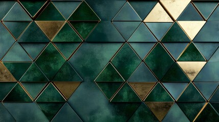 Geometric wall of triangular tiles in green and gold tones, generative ai