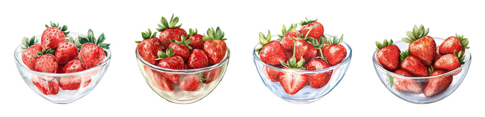 Watercolor strawberry png. Set of glass transparent bowls with strawberries. Summer berries in a plate. Vector illustration.Vector illustration.