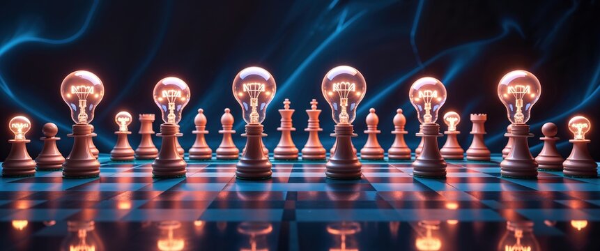 A chessboard featuring wooden pieces stands under bright light bulbs that glow warmly. This setup signifies the relationship between creativity and strategic thinking during a late evening