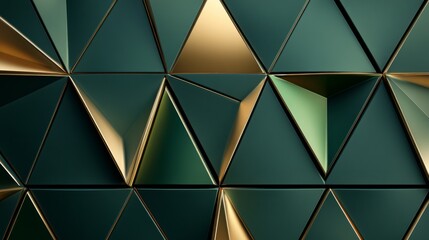 Geometric wall of triangular tiles in green and gold tones, generative ai