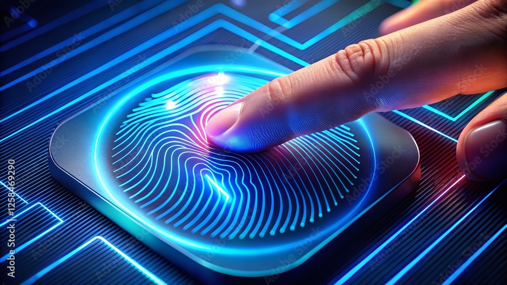 Poster aerial view of hand on biometric security scanner - high-tech fingerprint access control system