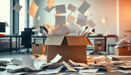 Overwhelmed by Paperwork: Box Overflowing in Office
