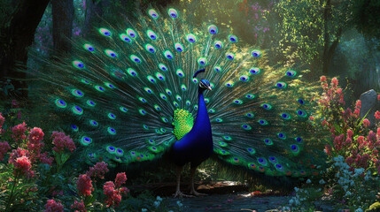 Obraz premium Majestic Peacock Displaying Feathers in an Enchanted Garden