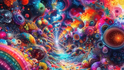 A vibrant galaxy unfolds, showcasing colorful spheres and swirling patterns. This imaginative cosmos invites viewers to explore its depths, sparking creativity and wonder in every direction