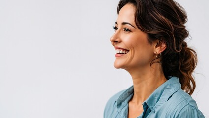 Closeup Portrait of Happy Young Lady Women with Smile Face Side View isolated on white background, Copy space for text and advertisement.