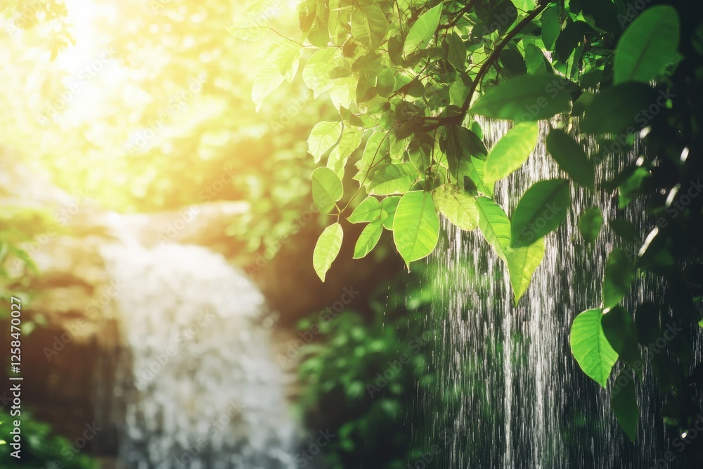 Poster Sunlight filters through lush greenery near a flowing waterfall in a serene natural setting. Generative AI