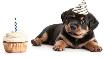 A joyful puppy dons a festive party hat and sits beside a delicious cupcake, joyfully celebrating a special birthday occasion