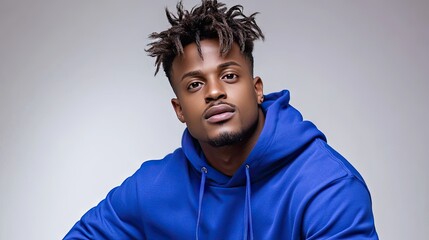 Naklejka premium Stylish young man in blue hoodie poses confidently against a plain background showcasing contemporary urban fashion trends