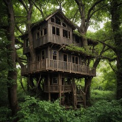 A treehouse hidden among thick green branches.