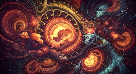 Abstract Steampunk Illustration with Intricate Details and Warm, Glowing Colors