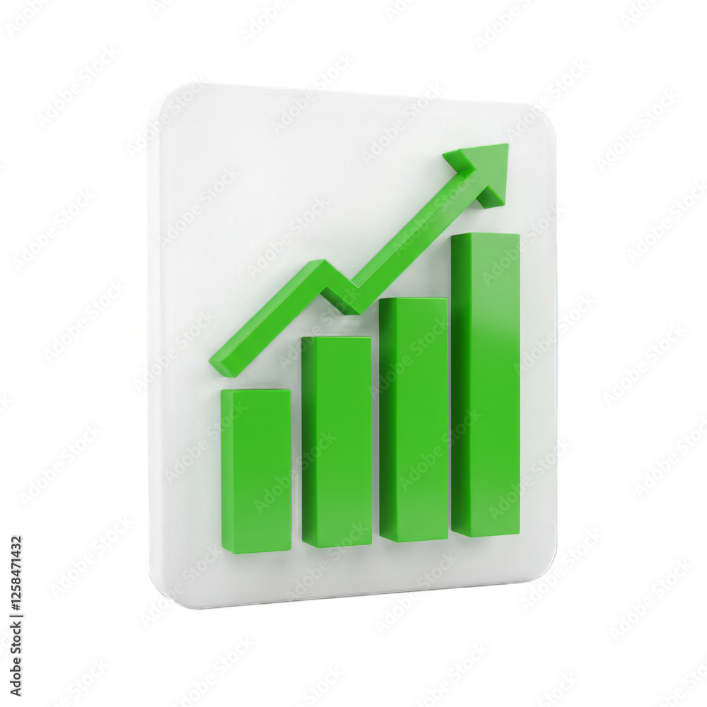 Poster 3d render of a green upward trending bar graph icon on white background indicating growth and progre