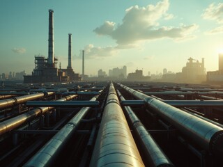 Wide View of Numerous Metallic Pipes Stretching Across an Industrial Area, Leading Toward Towering Smokestacks