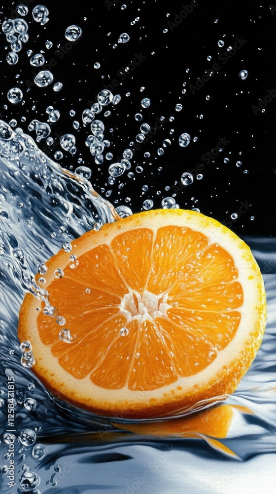 Poster slices of orange create a splash in clear water showcasing freshness and vitality in an artistic dis