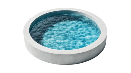 Modern round swimming pool filled with clear blue water on transparent background
