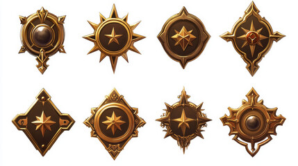 Game golden badges of level number with rating stars isolated on background. Vector cartoon icons set of gold labels with achievement rank, emblems with fantasy frames of game level