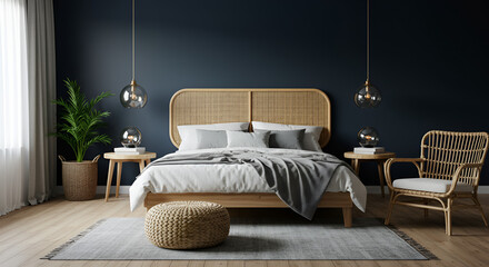interior of a bedroom, Dark bedroom interior mockup, wooden rattan bed on empty dark wall background, Scandinavian style, 3d render 