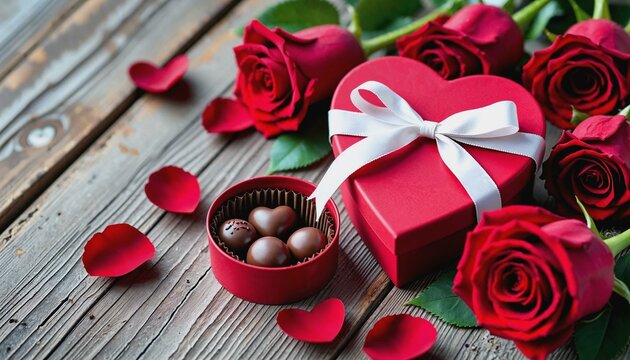 Romantic Valentine's Day composition with heart-shaped chocolates and red roses