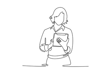 Woman tech concept. Single line draw design vector graphic illustration.