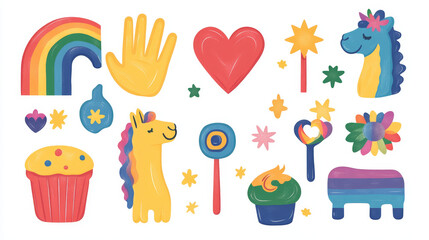 Obraz premium LGBTQ community pride icons set isolated on white background. Contemporary vector cartoon illustration of rainbow flag, hand holding red heart, color lama, gender symbols, star, key, muffin signs