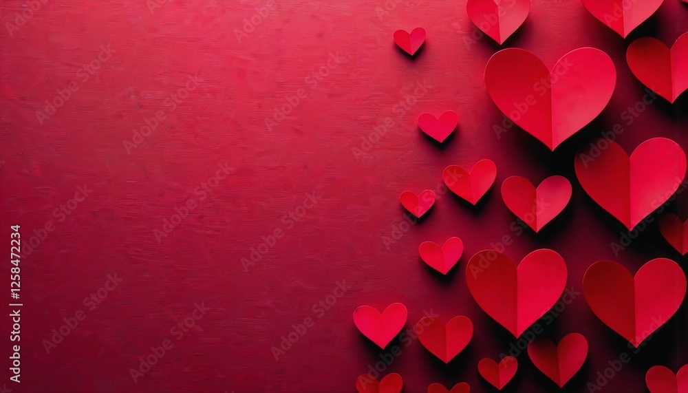 Poster textured deep red background with layered heart patterns for valentine's day