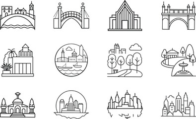 Fototapeta premium Simple Line Art Cityscapes Bridges, Buildings, Parks, and Skylines