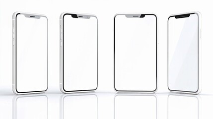 Set of blank white smartphone screen mockups with reflections on transparent background