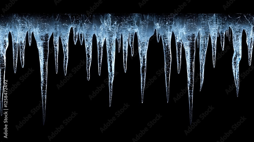 Poster sharp, translucent icicles hanging from above on black backdrop, with intricate textures and pattern