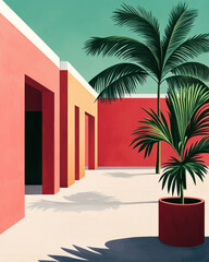 Vibrant courtyard with palm trees and colorful walls