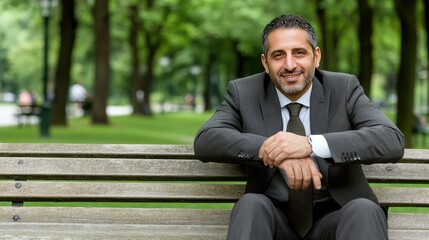 Fototapeta premium Professional man enjoying a moment of relaxation in a park on a sunny day while wearing a suit and smile