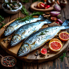fresh fish with vegetables on a wooden board