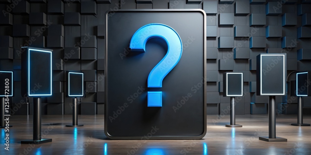 Poster mysterious illuminated question mark on a dark display, surrounded by blank panels in a modern setti