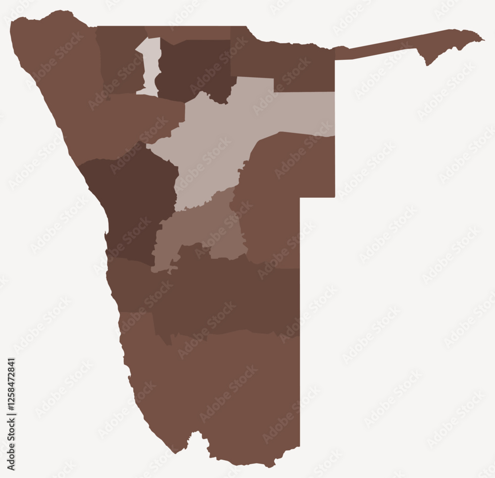 Poster map of namibia with regions. just a simple country border map with region division. brown color pale