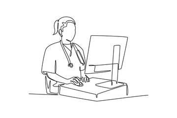 Woman tech concept. Single line draw design vector graphic illustration.